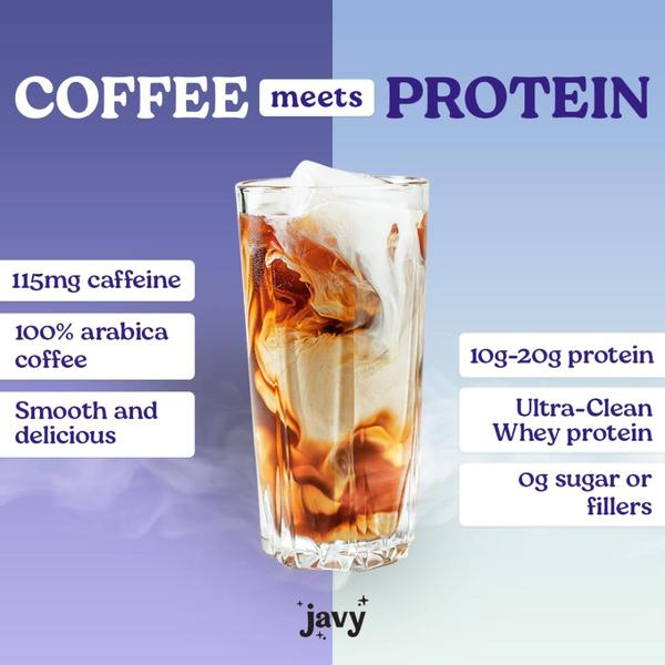 A split-screen product showcase highlighting the dual benefits of caffeine and protein in a single refreshing iced coffee drink.