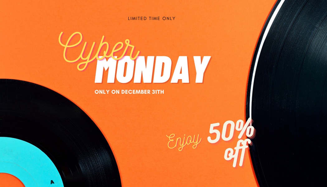 A high-contrast promotional graphic featuring vinyl records on a bold orange background to highlight a 50% off discount.