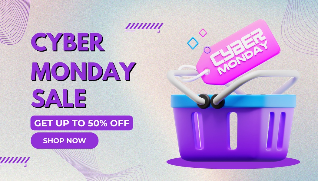 A festive 16_9 graphic featuring a 3D shopping basket and a Cyber Monday sale tag to highlight store discounts.