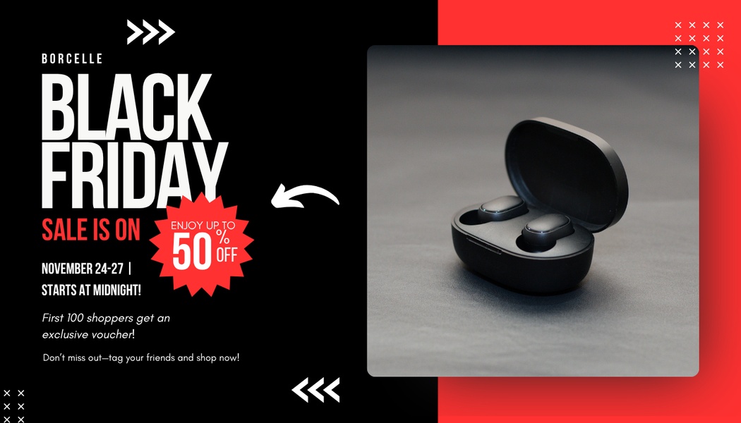 A high-contrast promotional graphic for a wireless earbuds sale featuring a 50% discount and exclusive early-bird voucher incentive.