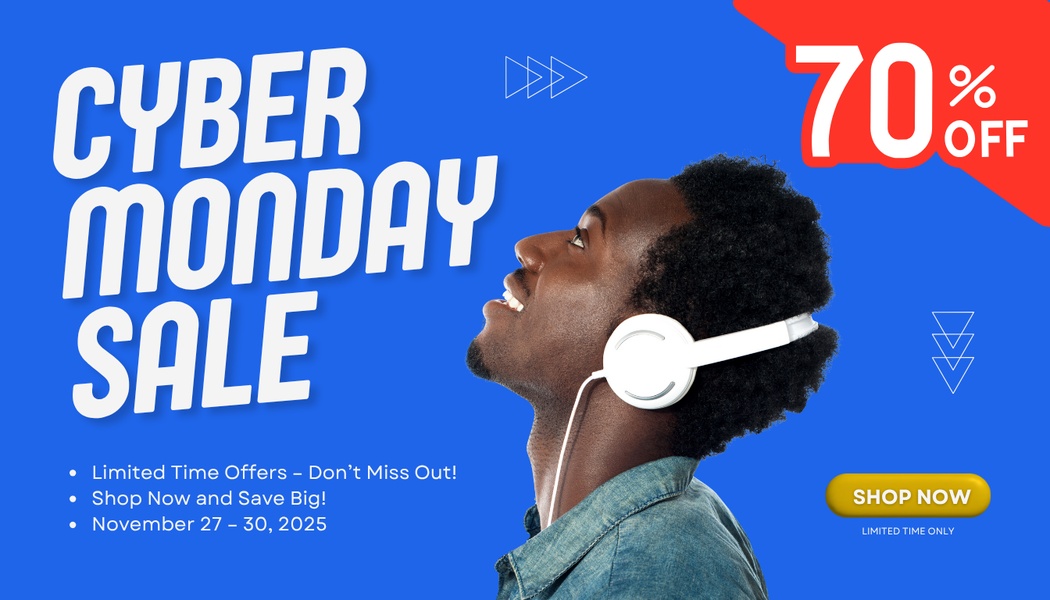A high-impact promotional creative featuring a model with headphones against a solid blue background, highlighting a 70% discount for Cyber Monday.
