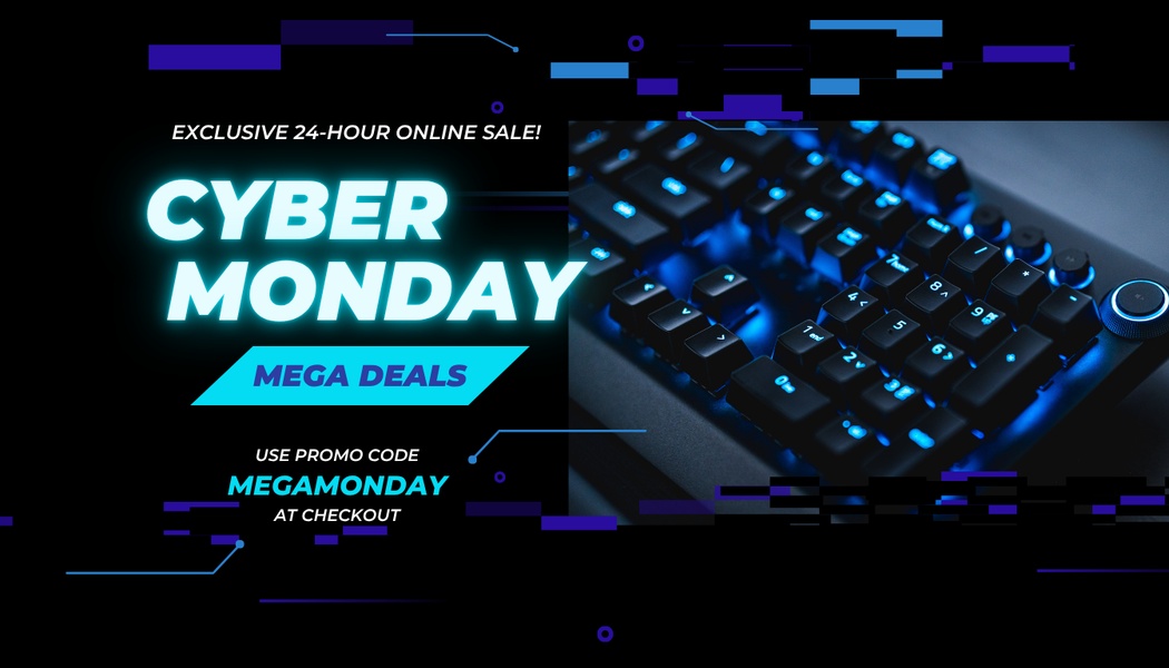 A 16:9 promotional creative featuring a keyboard with high-contrast blue neon accents, emphasizing a 24-hour sale event and a specific discount code.