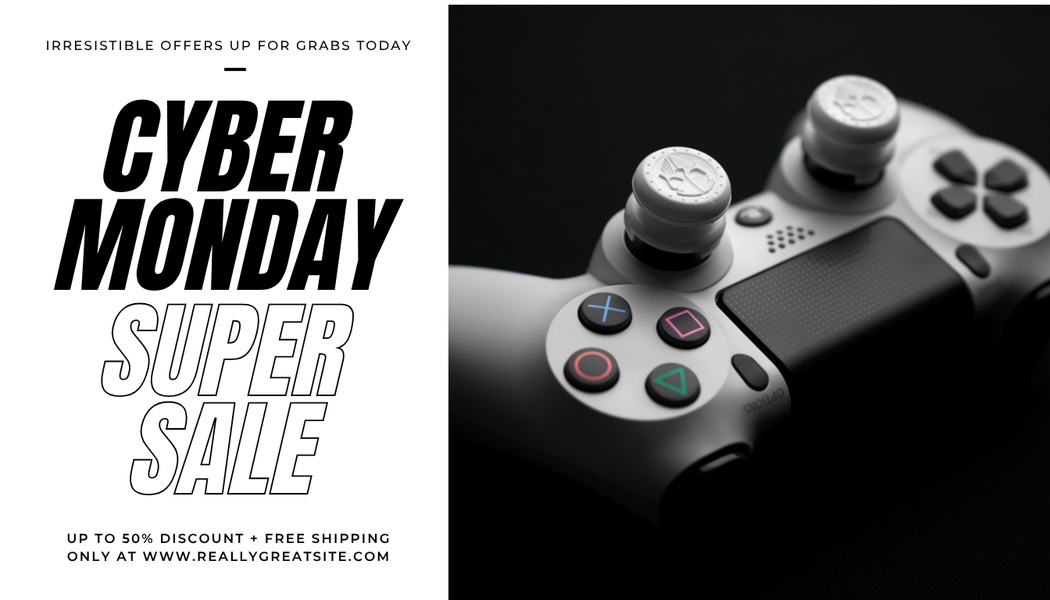 A high-contrast, professional studio shot of a game controller featuring clean typography and clear Cyber Monday promotional messaging.