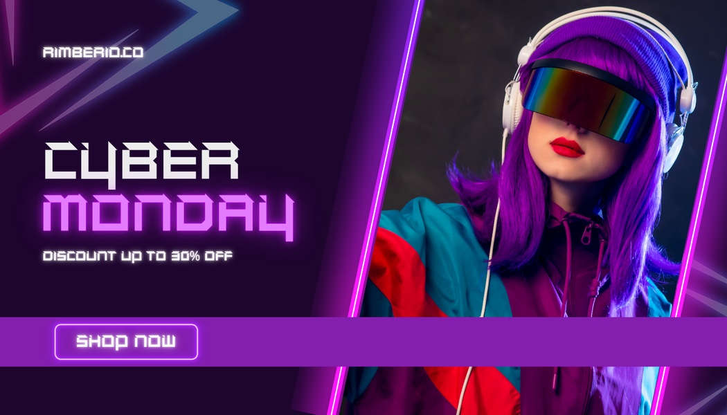 A high-contrast, cyberpunk-inspired promotional graphic featuring a subject wearing over-ear headphones, designed specifically for a Cyber Monday sale.