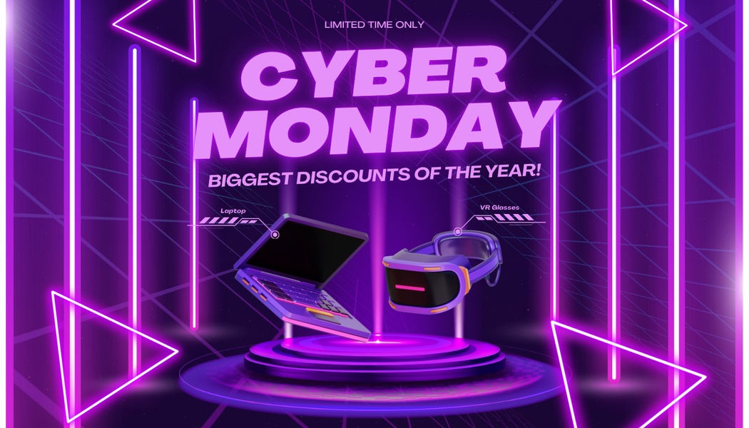 A vibrant 16_9 creative featuring a laptop and VR glasses on a neon-lit stage, emphasizing a limited-time offer.