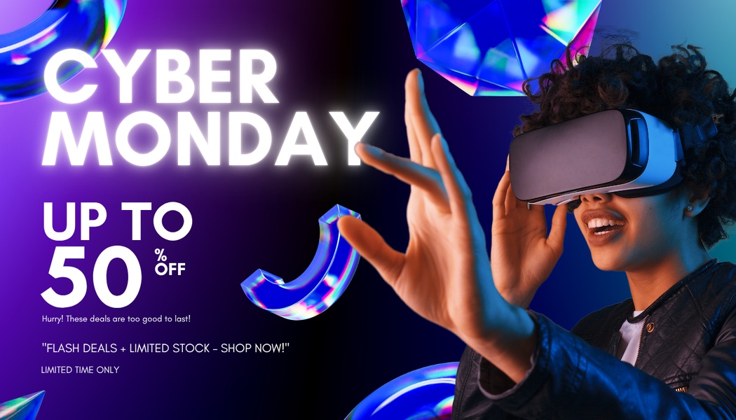 A high-energy, digital-style ad featuring a user in a VR headset surrounded by abstract, glowing 3D geometric shapes to highlight a massive limited-time discount.