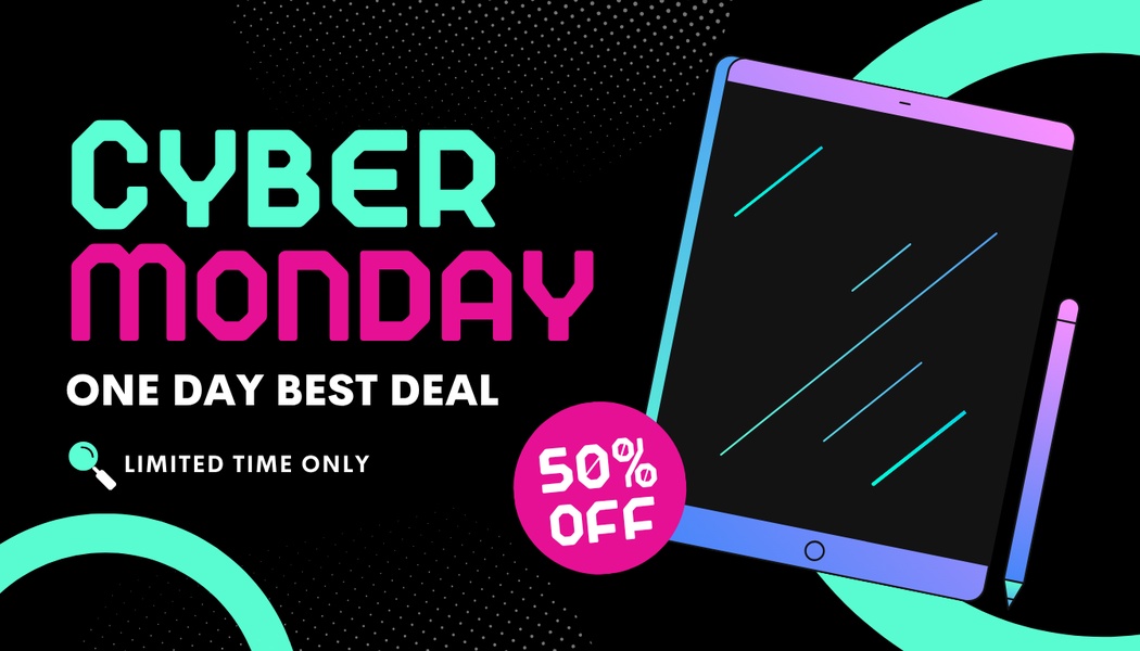 A 16:9 promotional graphic featuring a tablet and stylus with bold Cyber Monday branding and a 50% off call to action.