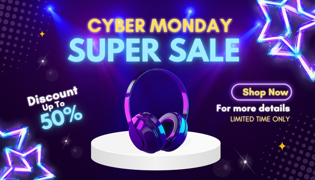 A high-impact promotional graphic for wireless headphones featuring a vibrant neon purple aesthetic and clear discount messaging.