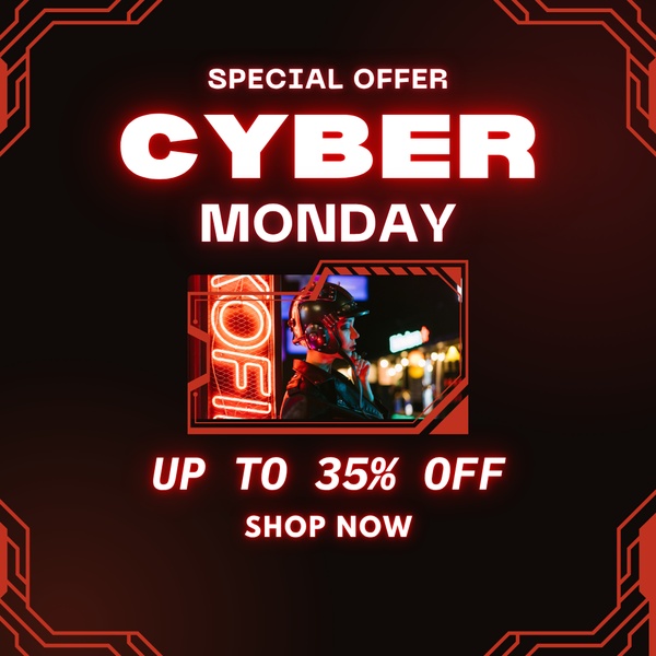 A high-energy, dark-themed promotional graphic for a gaming headset using neon red text and a futuristic aesthetic to signal a Cyber Monday discount.