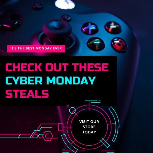 A high-contrast Cyber Monday promotional graphic featuring a gaming controller with neon accents.