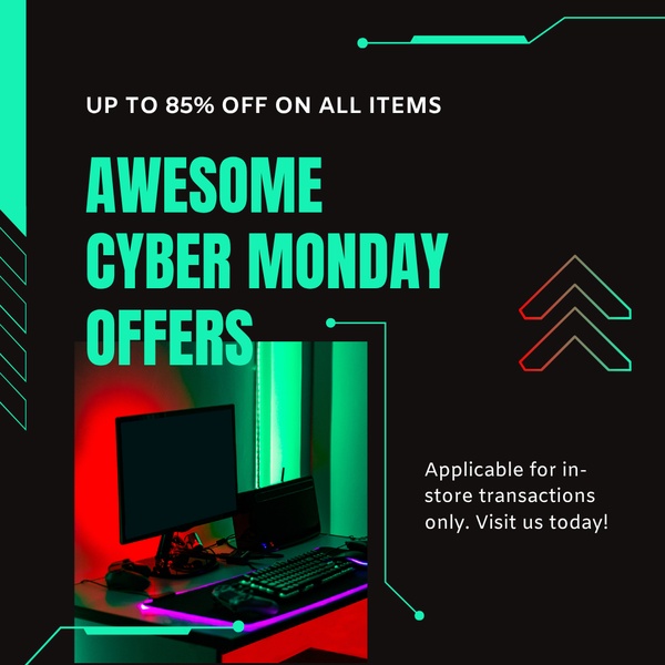 A high-contrast 1:1 square graphic promoting a Cyber Monday sale with up to 85% off, featuring a gaming keyboard and monitor setup in a moody, neon-lit environment.