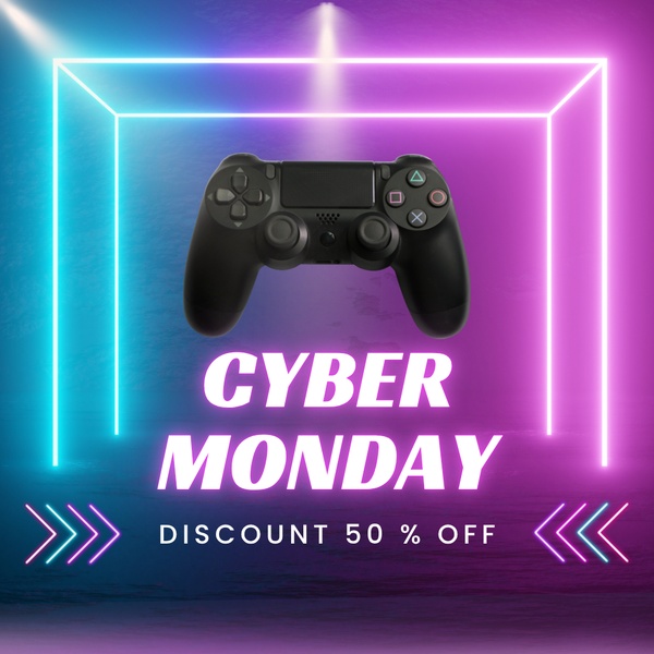 A high-impact promotional graphic for a game controller featuring neon lighting, bold Cyber Monday branding, and a clear 50% discount call to action.