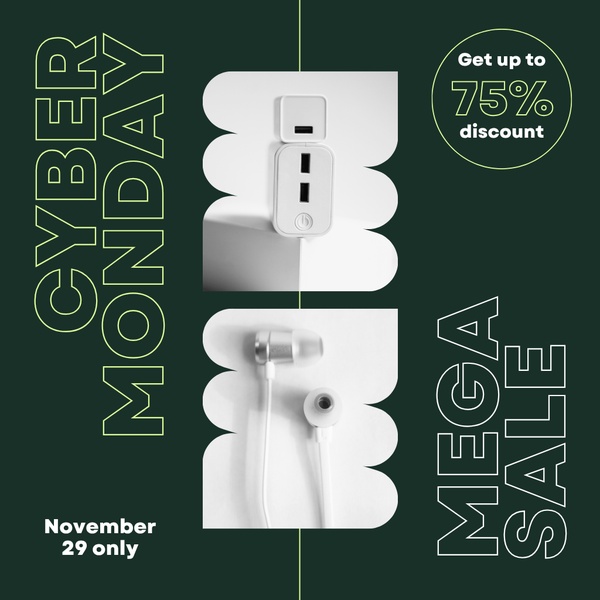 A high-contrast Cyber Monday ad featuring consumer electronics with bold, outlined text to emphasize a 75% discount offer.