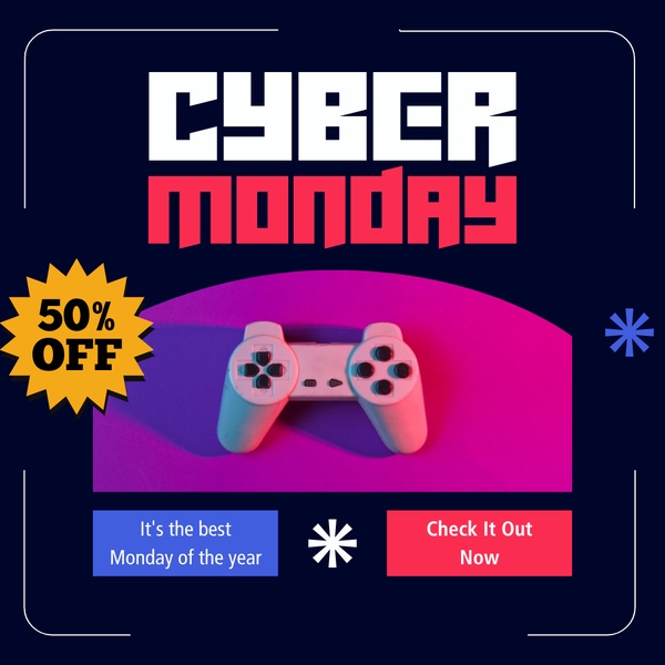 A high-contrast 1:1 square graphic featuring a game controller centered against a vibrant neon purple and pink background, emphasizing a 50% discount.
