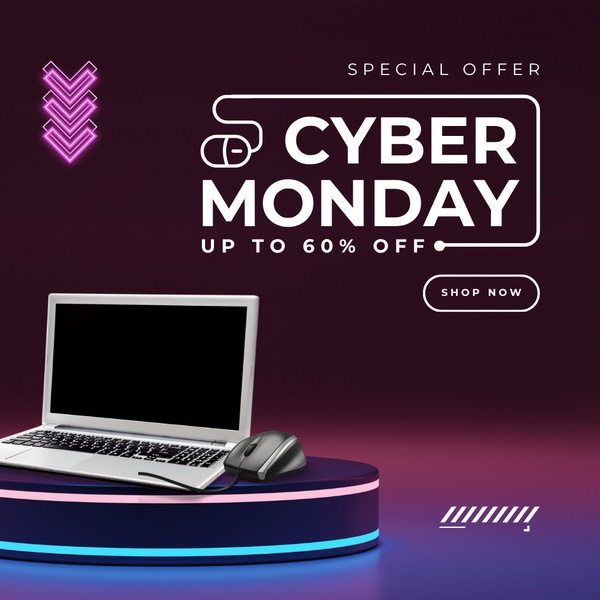 A high-contrast, professional-grade promotional image featuring a laptop and mouse on a illuminated platform with neon typography.