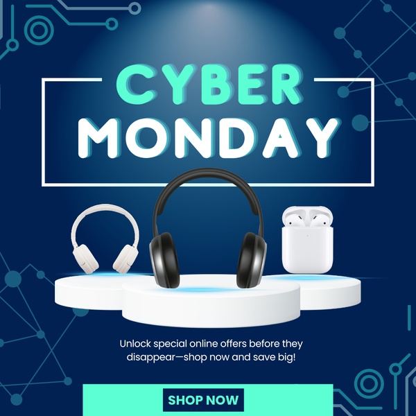 A promotional creative highlighting various headphones on a pedestal with a clear Cyber Monday CTA and a clean, high-tech background.