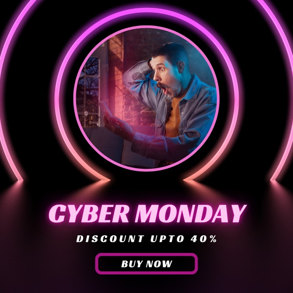 A high-contrast 1:1 square ad featuring a surprised customer holding a smartphone, highlighting a 40% off Cyber Monday sale.