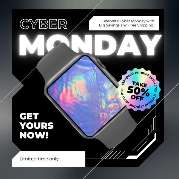 A high-contrast, holographic-themed promotional ad featuring a smartwatch for a seasonal flash sale.