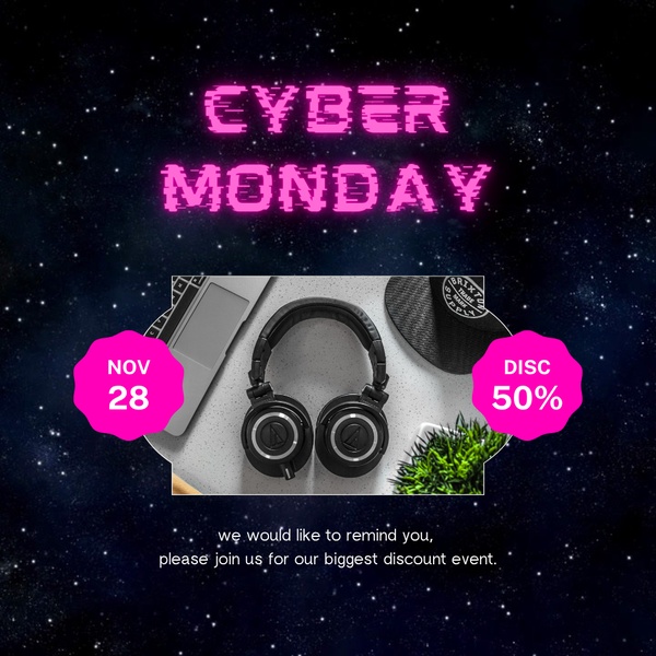 A high-contrast Cyber Monday promotional graphic featuring premium headphones and a clear 50% discount offer set against a star-filled background.