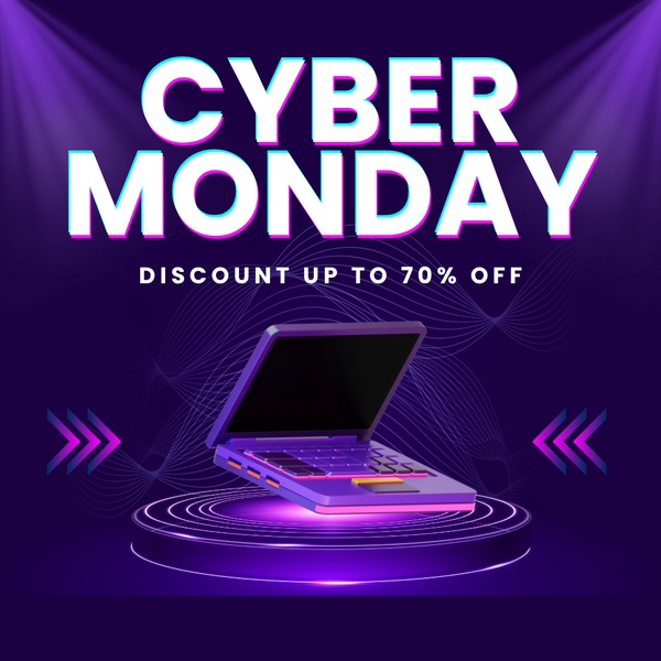 A high-impact Cyber Monday sale graphic featuring a 3D laptop on a spotlighted podium with deep purple and neon blue accents.