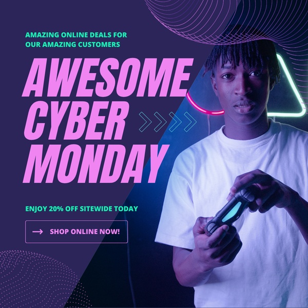 This Cyber Monday promotional ad uses a neon-inspired aesthetic to highlight a sitewide discount for gaming gear.