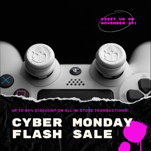 A high-contrast, black-and-white promotional ad for a gaming controller featuring a clear date, discount offer, and a textured, urban aesthetic.
