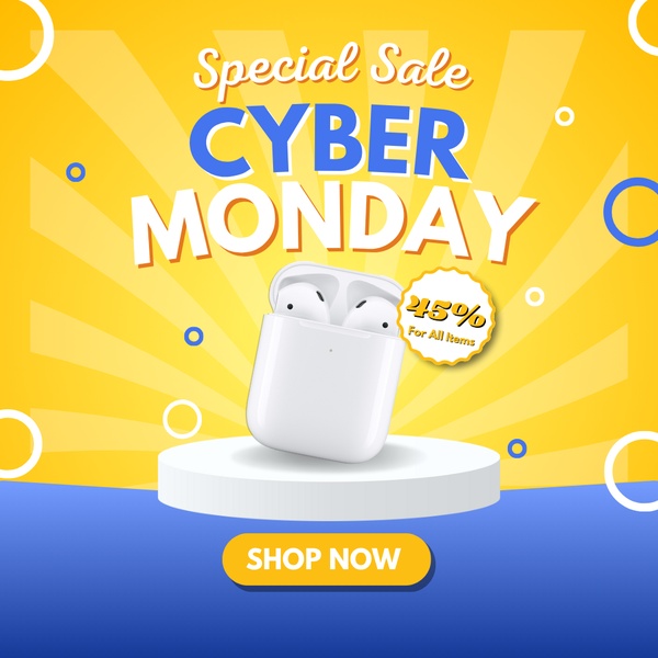 This ad creative features a clear, centered product image of white wireless earphones on a pedestal, accented by high-contrast yellow and blue branding for a seasonal sale.