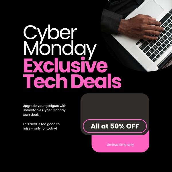 A high-contrast, urgency-driven sale advertisement focusing on tech upgrades with a bold fifty-percent-off offer.