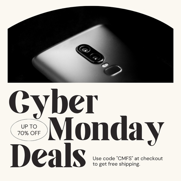 A high-contrast, minimalist ad featuring a sleek smartphone camera module, highlighting a 70% off discount and a specific promo code for free shipping.