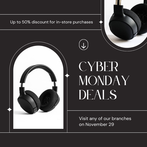 A high-contrast, minimalist promotional graphic for wireless headphones featuring a clean dual-product display and holiday discount messaging.
