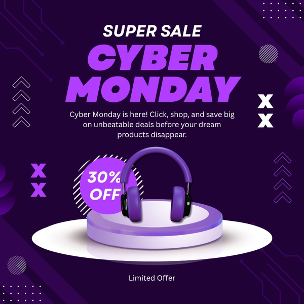 A square-ratio holiday sale advertisement featuring high-contrast purple tones and a central product pedestal to highlight a 30 percent discount.