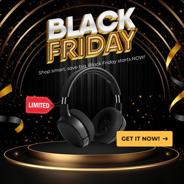 This creative features a high-end headphone product displayed on a dark, luxury pedestal, optimized for a Black Friday sales event.