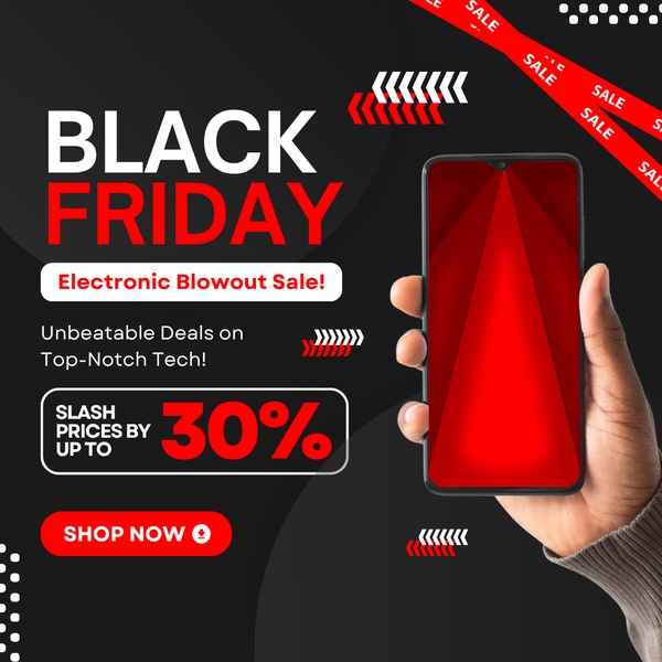 A high-impact promotional graphic for a smartphone sale featuring a stark black background and striking red accents to grab attention.