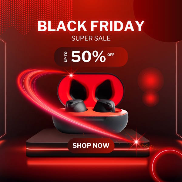 This creative features a high-contrast, red-themed Black Friday sale announcement for wireless earbuds, using light streaks and product-centric placement.