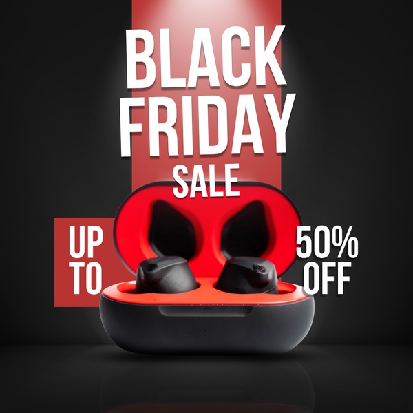 A high-contrast 1:1 square graphic promoting a Black Friday flash sale for wireless earbuds, using bold red and black branding to emphasize the discount.