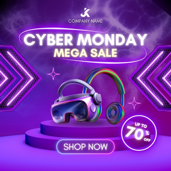 A vibrant, neon-purple-themed Cyber Monday sale promotion featuring a VR headset and headphones on a pedestal, highlighting a 70% discount.