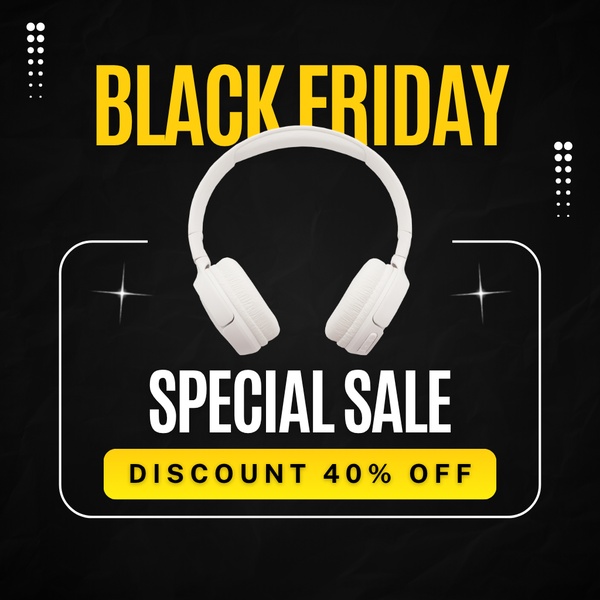 A high-contrast 1:1 graphic featuring white headphones centered against a textured black background, emphasizing a 40% off Black Friday offer.