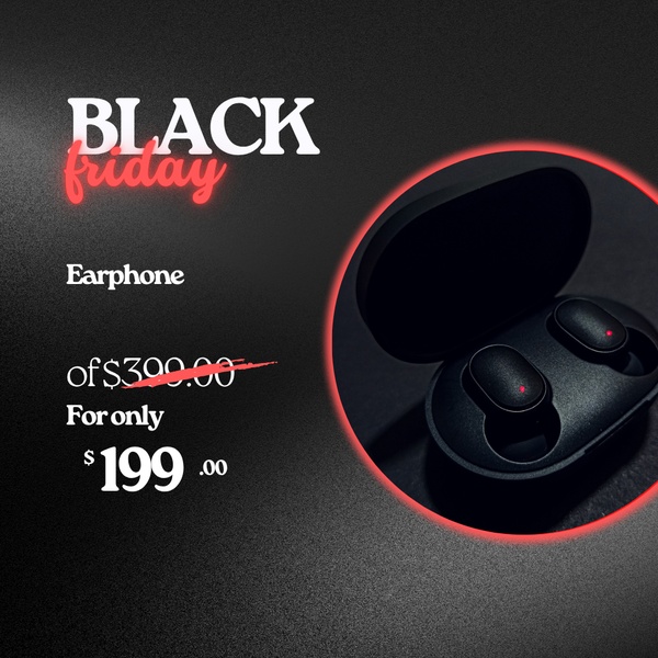 A high-contrast 1:1 square graphic featuring wireless earphones with a price-drop strike-through effect.
