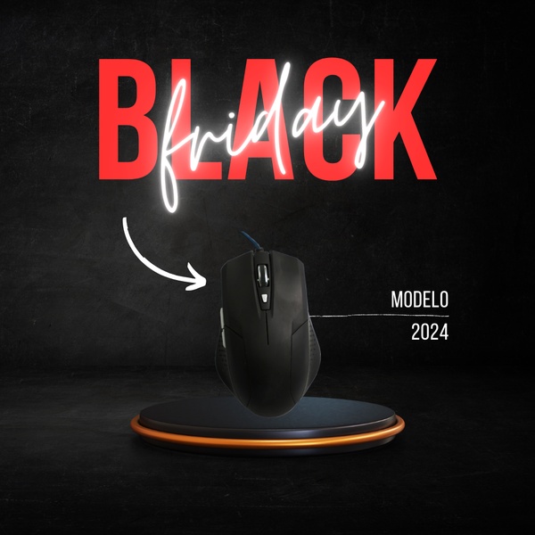 A high-contrast 1:1 image featuring a gaming mouse on a pedestal, emphasizing a clean Black Friday promotional theme with minimalist text.