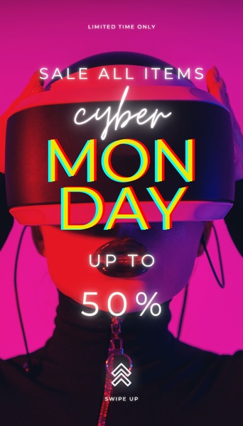 A high-impact 9:16 vertical creative featuring a person wearing a VR headset, using neon lighting and bold chromatic typography to announce a 50% discount.