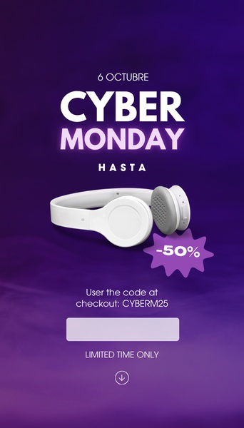 A high-impact 9:16 vertical creative featuring a product cutout of wireless headphones against a deep purple background, highlighting a 50% off discount code for a limited-time sale event.