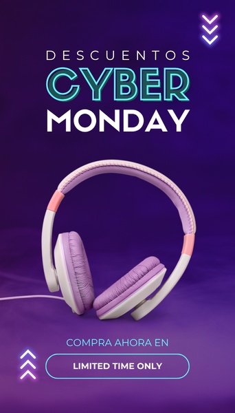 A clean, high-contrast promotional graphic featuring headphones set against a bold purple background to highlight a Cyber Monday sale.