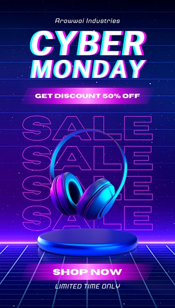 A high-energy, retro-synthwave inspired vertical ad featuring a product pedestal for headphones, emphasizing a 50% discount offer for Cyber Monday.