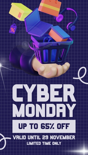 A 3D render of a hand holding a shopping basket filled with digital goods like a laptop and headphones, highlighting a 65% off promotional offer.