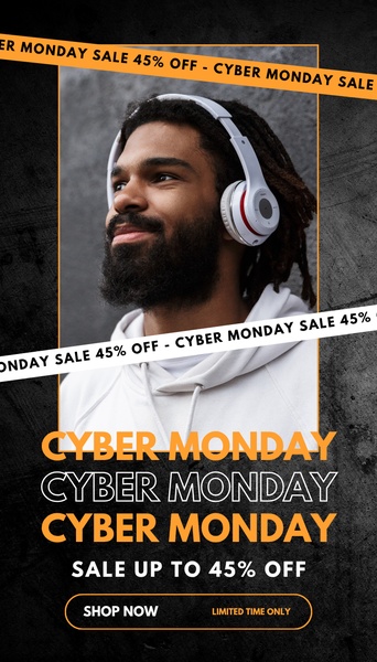 This vertical ad uses a bold, high-contrast black and orange color palette with repetitive text framing to emphasize a limited-time Cyber Monday discount on headphones.