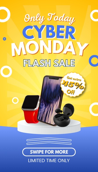 A high-visibility flash sale ad featuring a smartphone, smartwatch, and earbuds on a clean pedestal against a yellow radial background.