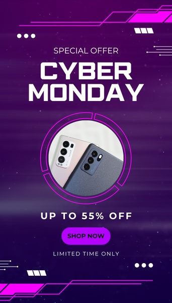 A vertical social media ad for a smartphone sale featuring a vibrant purple theme and a 55% discount offer.