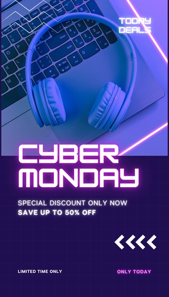A high-contrast vertical ad featuring headphones over a keyboard with neon purple lighting to drive immediate Cyber Monday conversions.