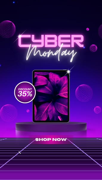 A high-energy, neon-themed promotional ad featuring a tablet on a pedestal to highlight a 35% discount for Cyber Monday.