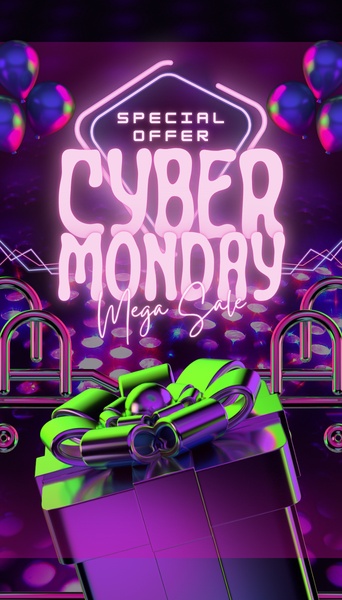 A festive 9:16 vertical creative featuring a stylized 3D gift box with neon pink and green lighting to promote a Cyber Monday sale.
